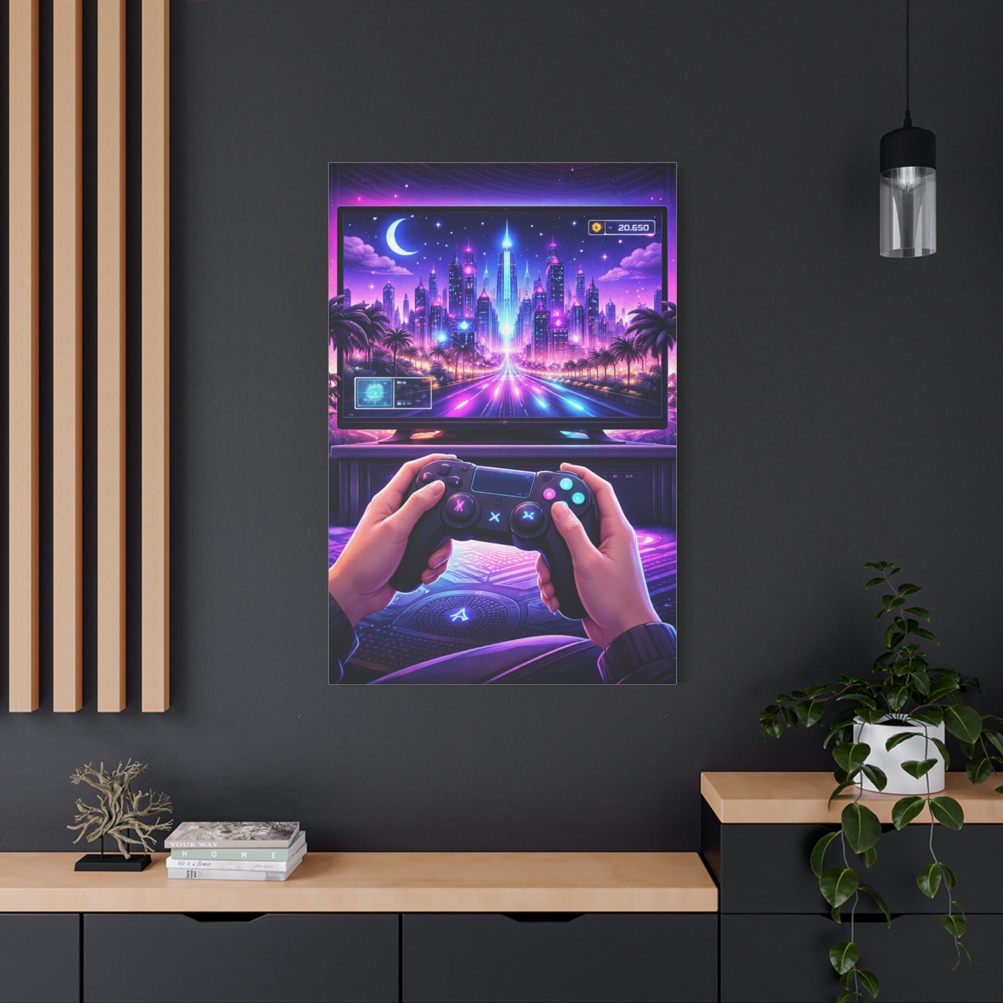 Neon Gamer Cityscape Wall Art & Canvas Print