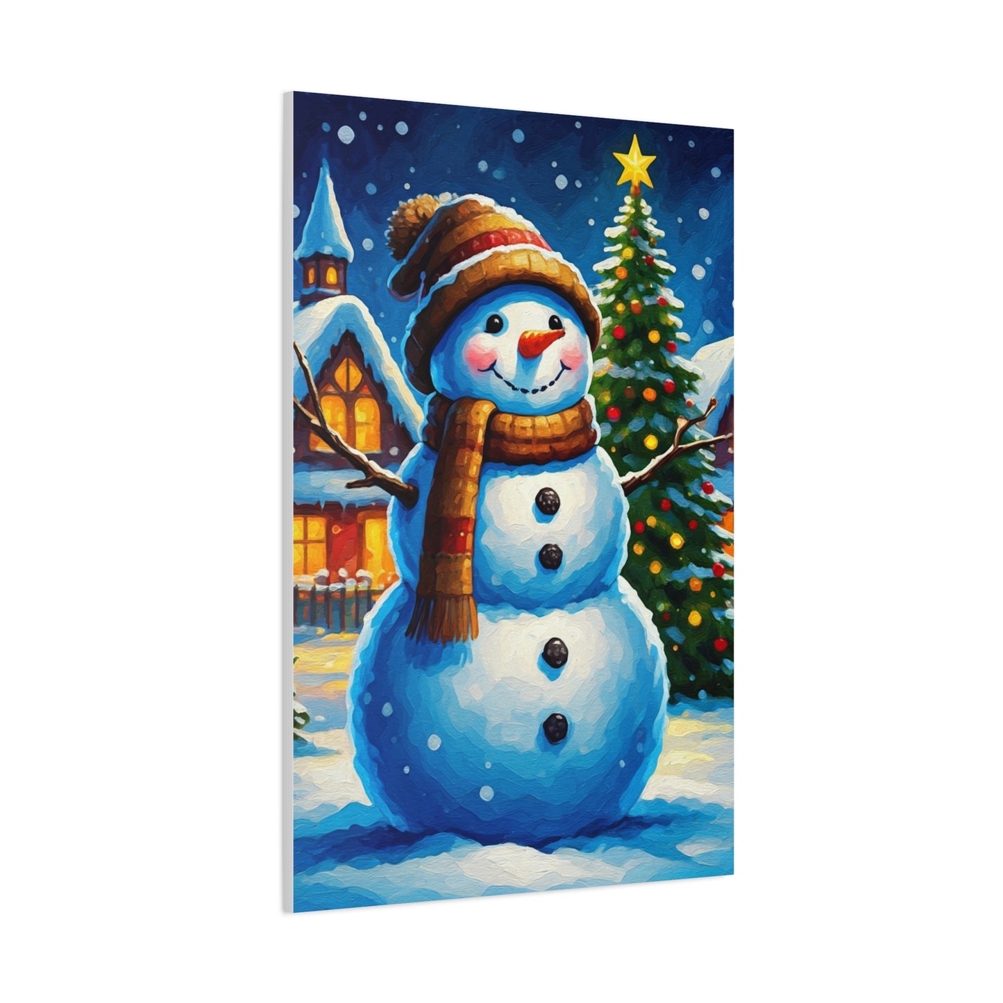 Artistic Snowman in Winter Village Scene Wall Art & Canvas Print