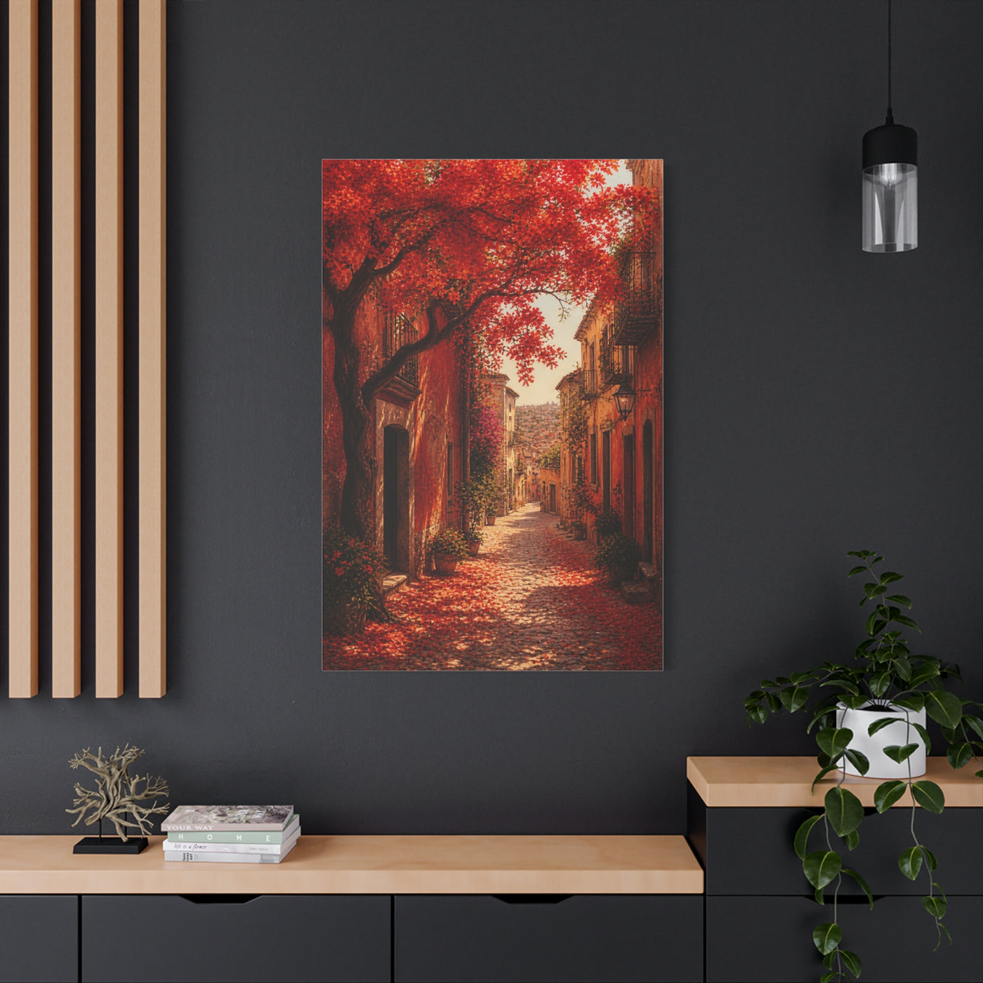 Autumn Red Blossom Street Scene Wall Art & Canvas Print