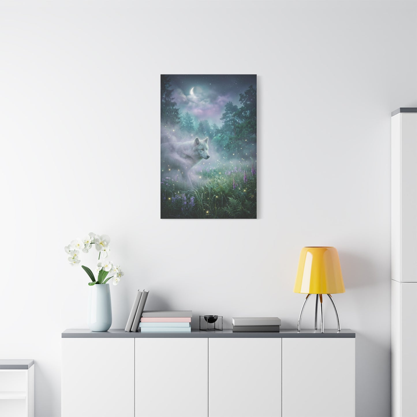 Ethereal White Wolf Moonlit Meadow Scene Wall Art & Canvas Print