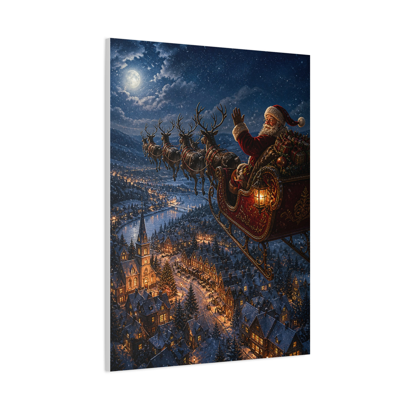 Santa Sleigh Flight Over Snowy Village Wall Art & Canvas Print