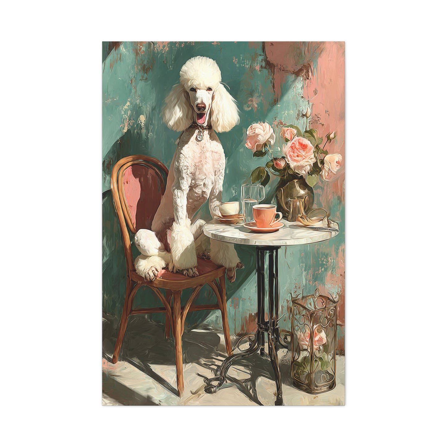 Paris Café Poodle with Roses Wall Art & Canvas Print