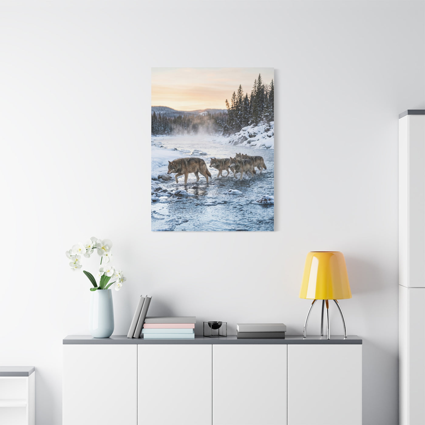 Winter River Wolf Pack Crossing Scene Wall Art & Canvas Print
