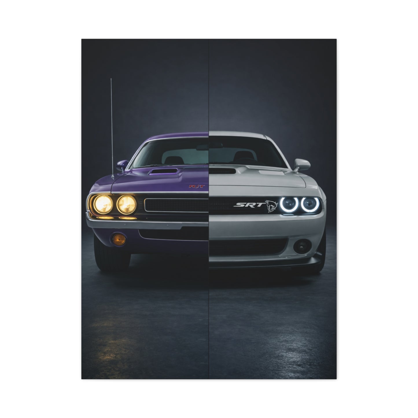 Dodge Challenger Heritage Split 1970 vs Modern SRT Wall Art & Canvas Prints