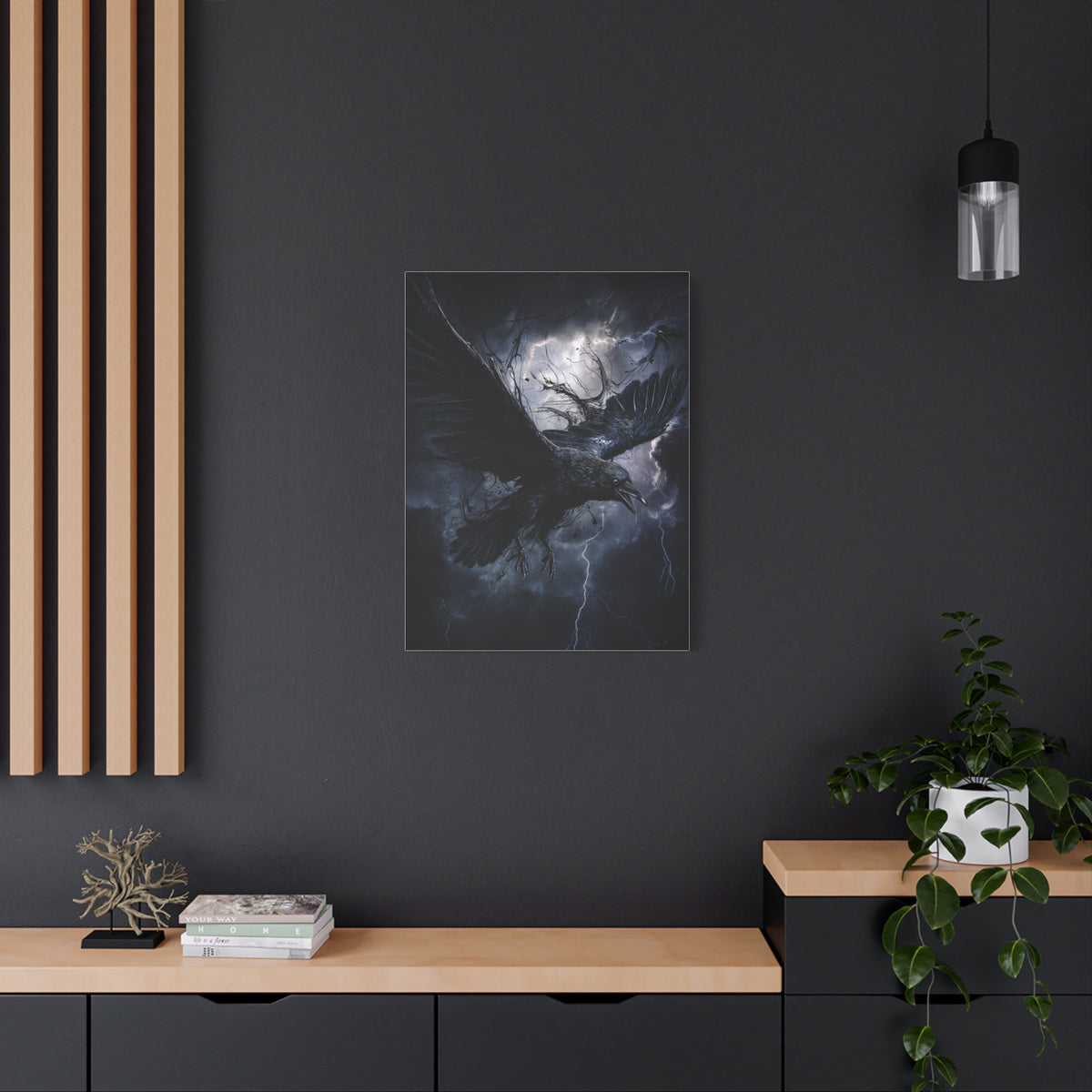 Raven Flying Through Storm Lightning Wall Art & Canvas Print