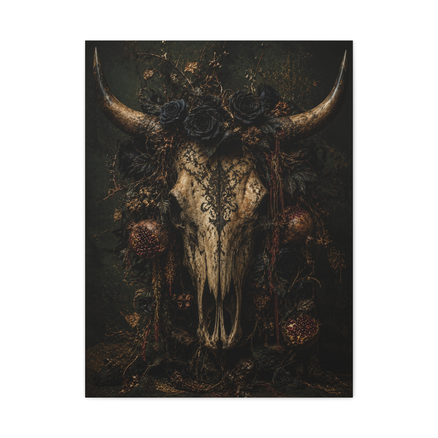 Dark Floral Longhorn Skull Statement Wall Art & Canvas Print