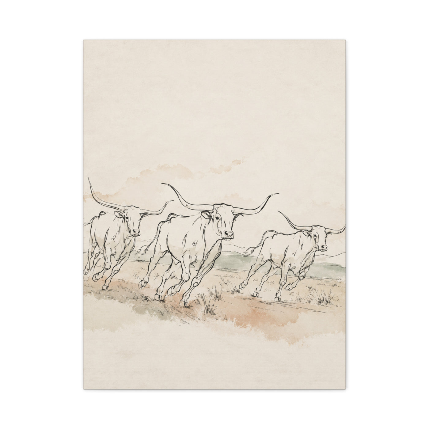 Running Longhorn Line Sketch Panorama Wall Art & Canvas Print