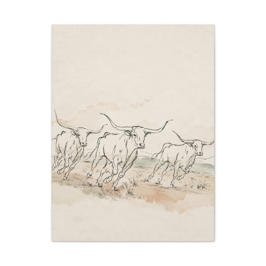 Running Longhorn Line Sketch Panorama Wall Art & Canvas Print