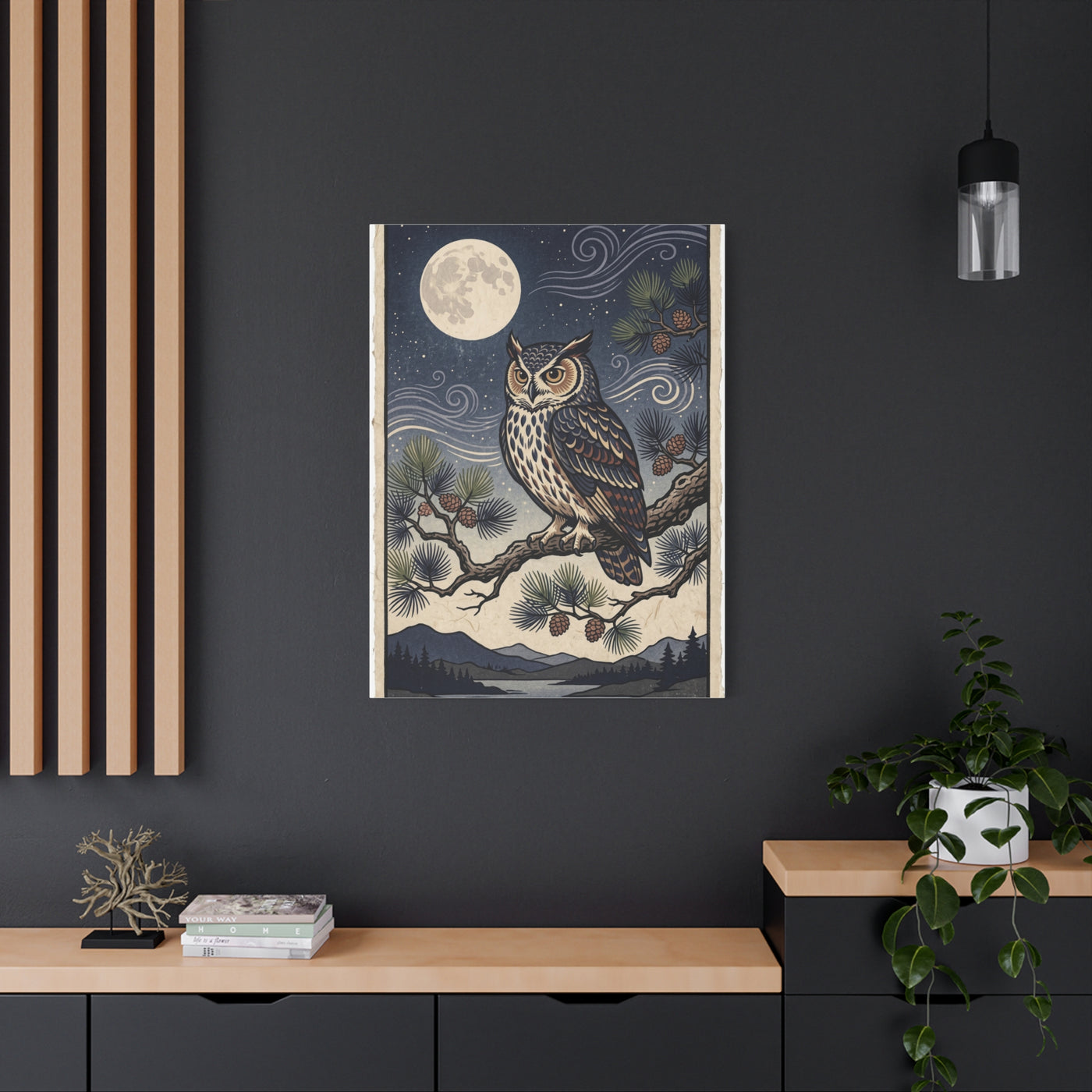 Vintage Moonlit Owl Woodblock Wall Art & Canvas Print