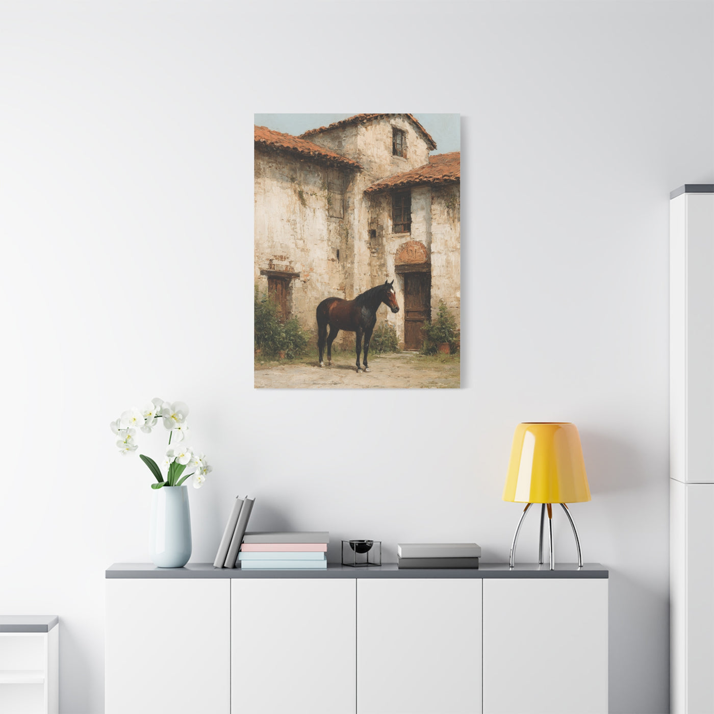 Rustic Courtyard Horse Scene Wall Art & Canvas Print