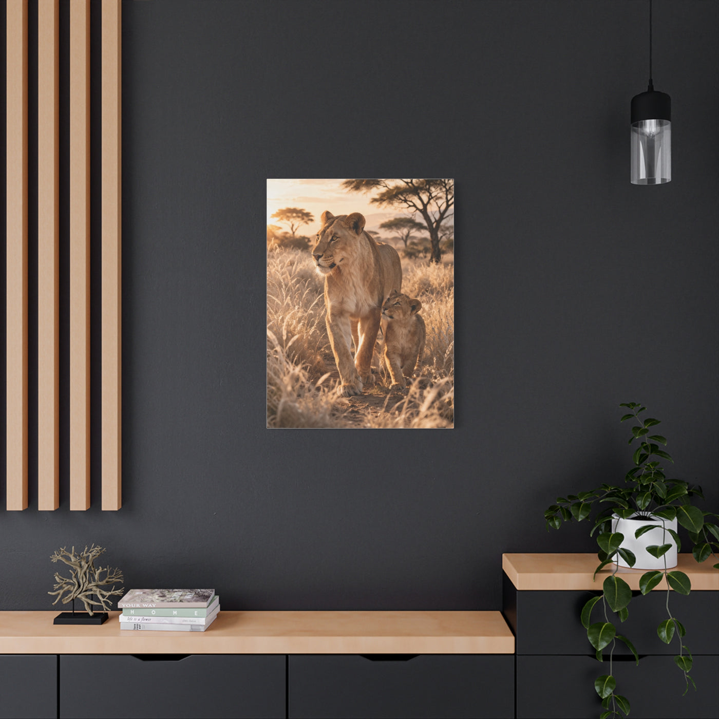 Lioness and Cub Golden Walk Wall Art & Canvas Print