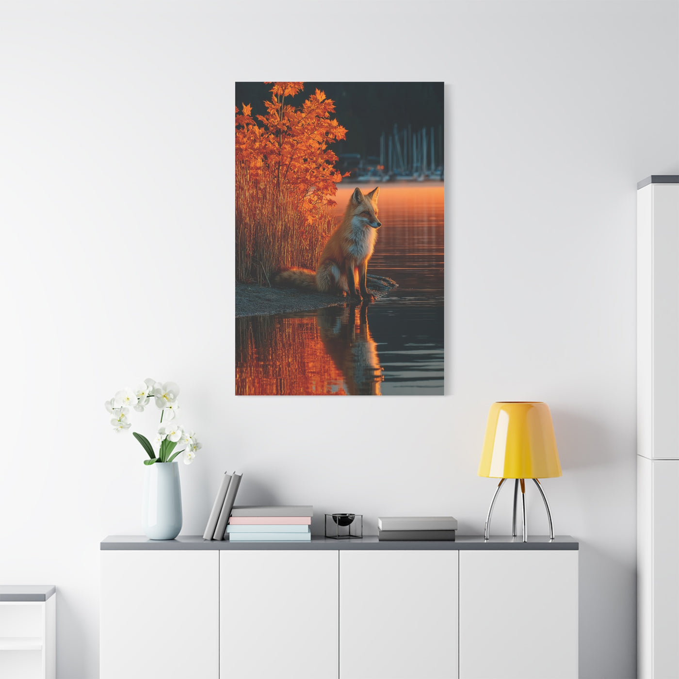 Autumn Lakeside Fox Reflection Wall Art & Canvas Print