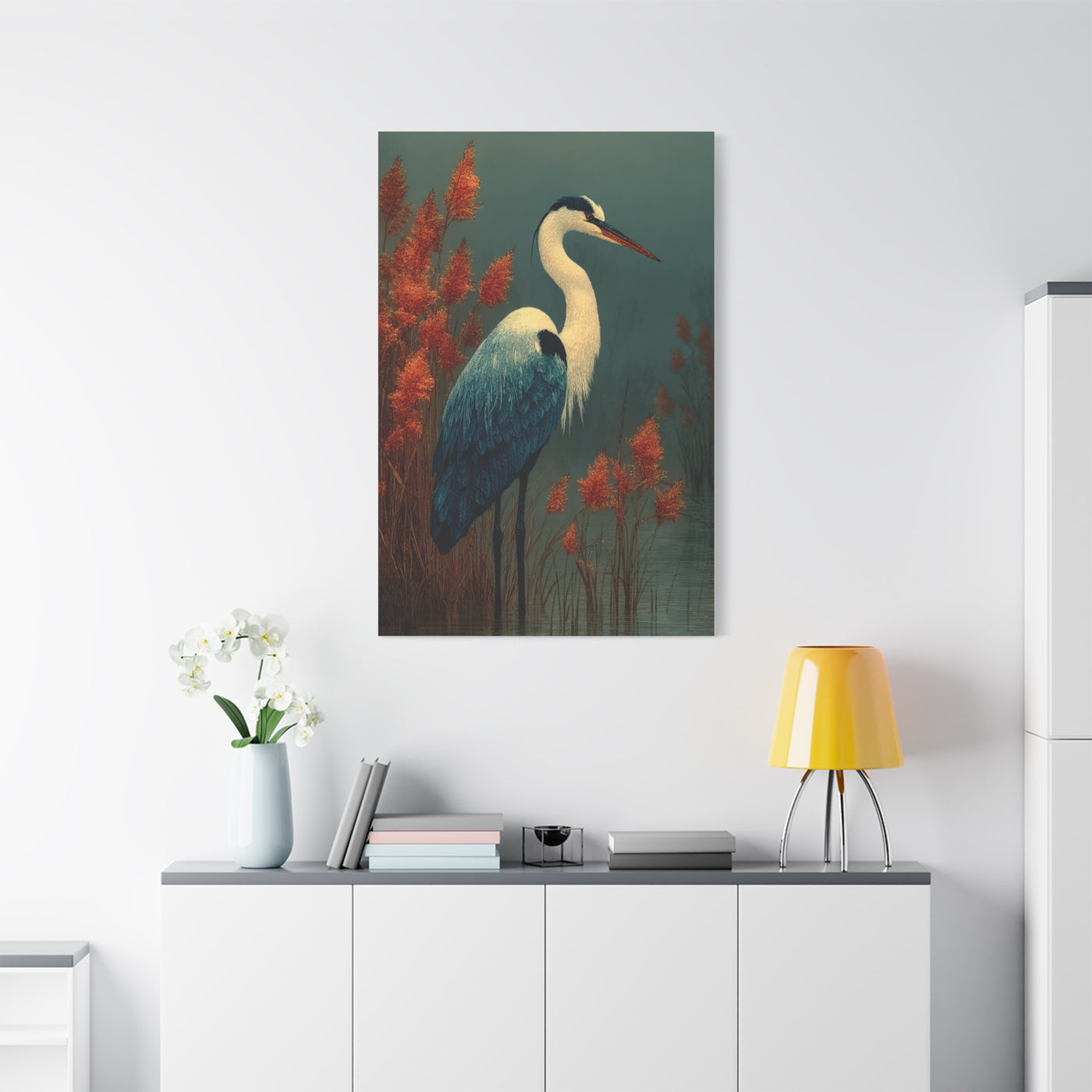 White Heron Marsh Portrait Wall Art & Canvas Print
