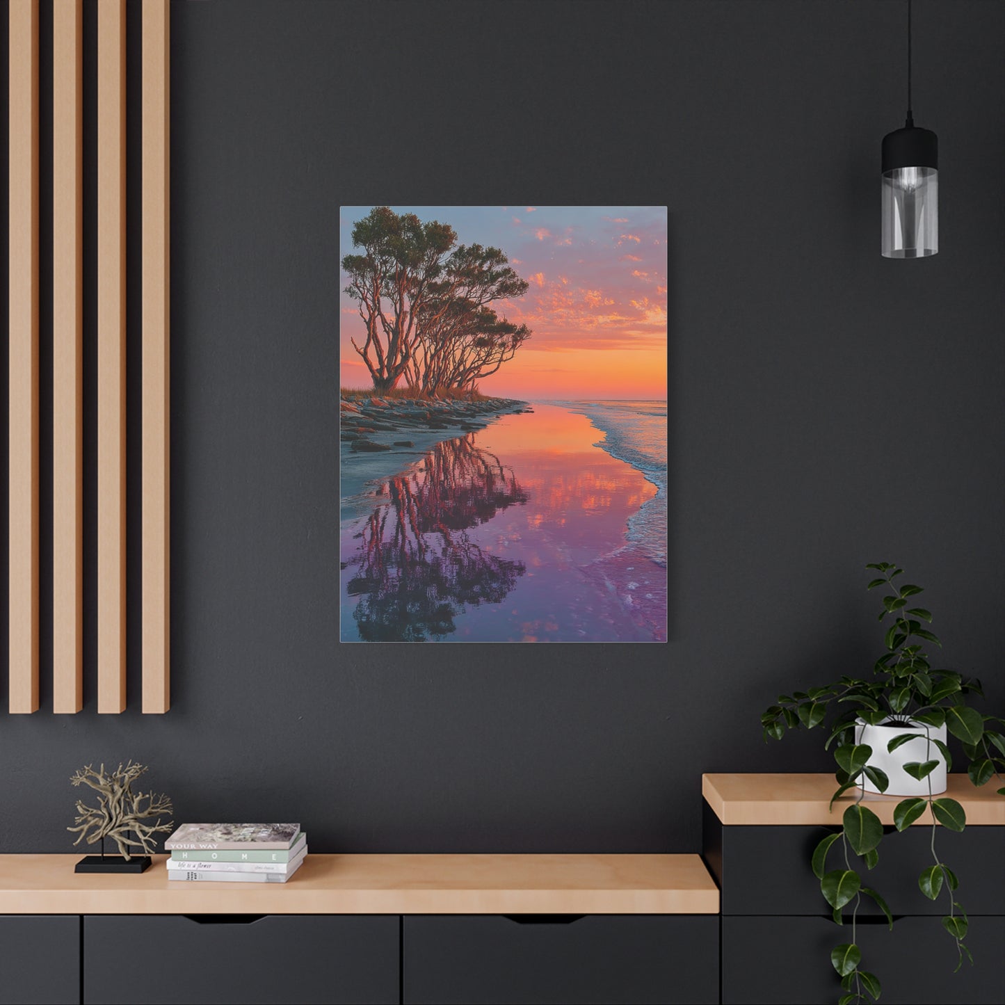 Driftwood Coastal Reflection Sunrise Wall Art & Canvas Print