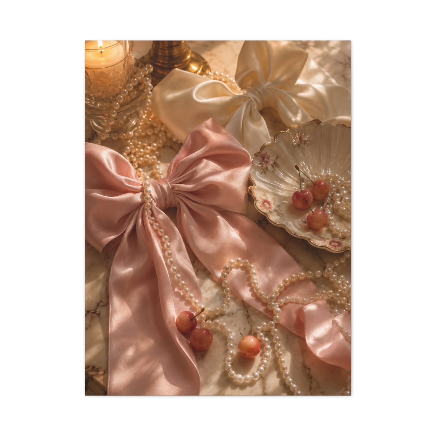 Coquette Silk Bow & Pearl Still Life Wall Art & Canvas Print