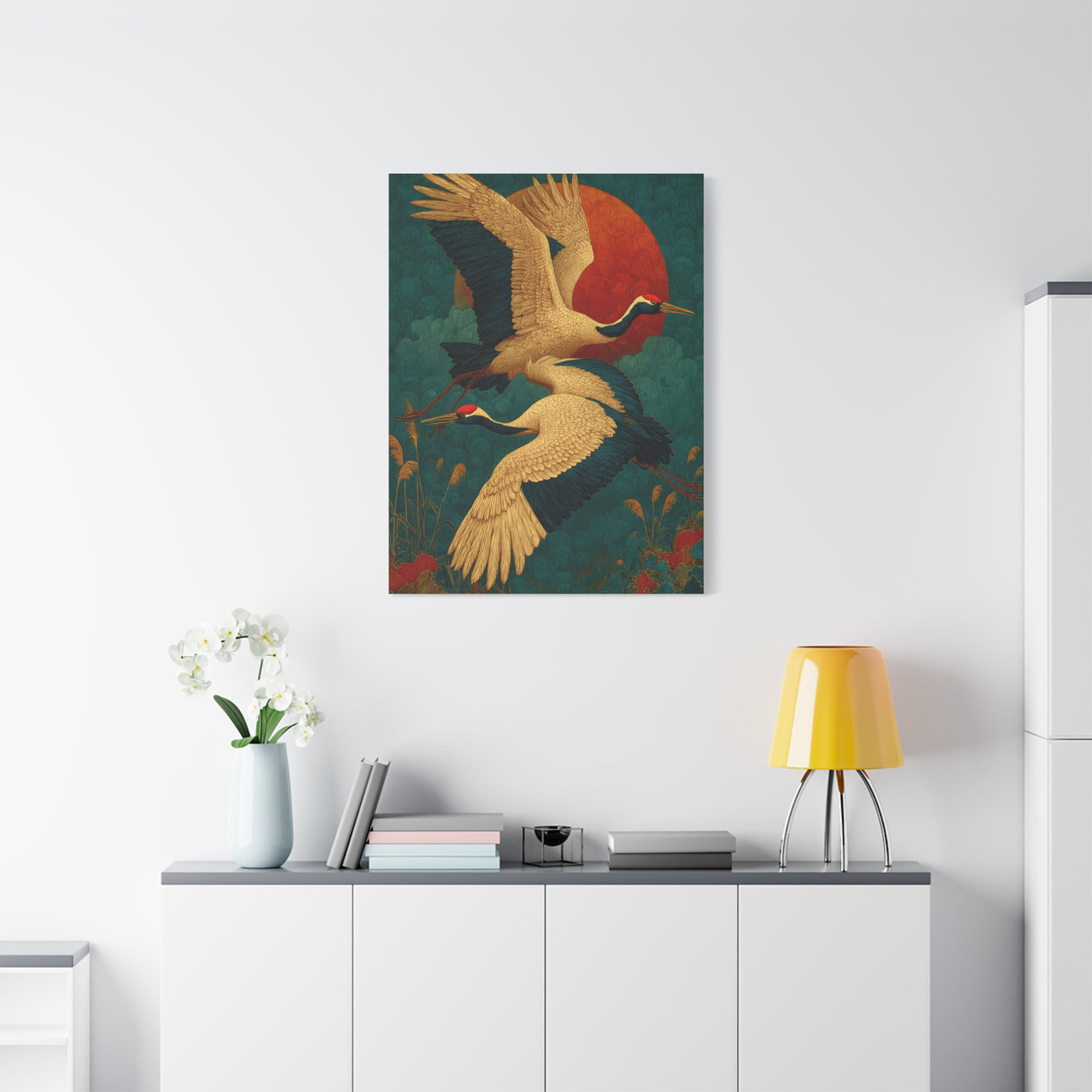 Golden Crane Celestial Flight Wall Art & Canvas Print