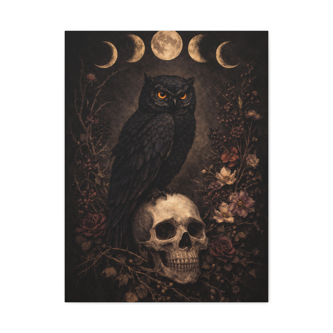 Gothic Moon Phase Owl Skull Wall Art & Canvas Print