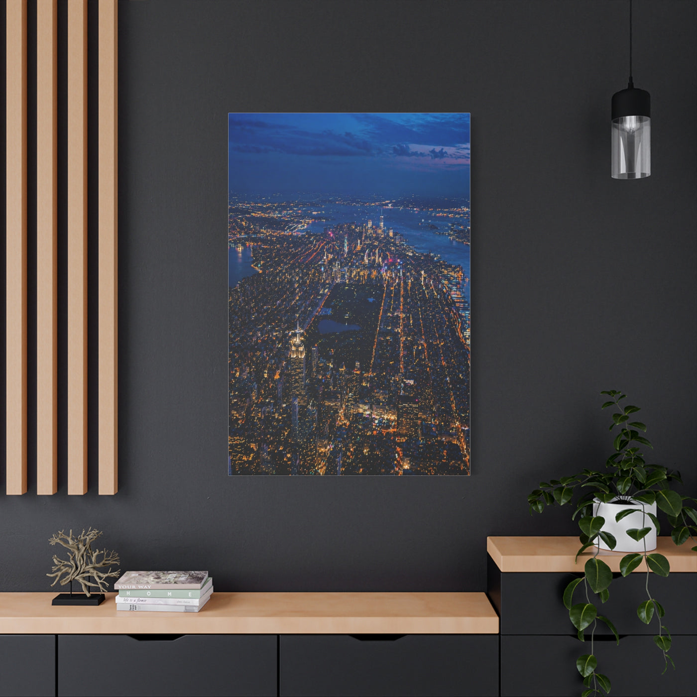 Aerial Manhattan Night Grid Wall Art & Canvas Print