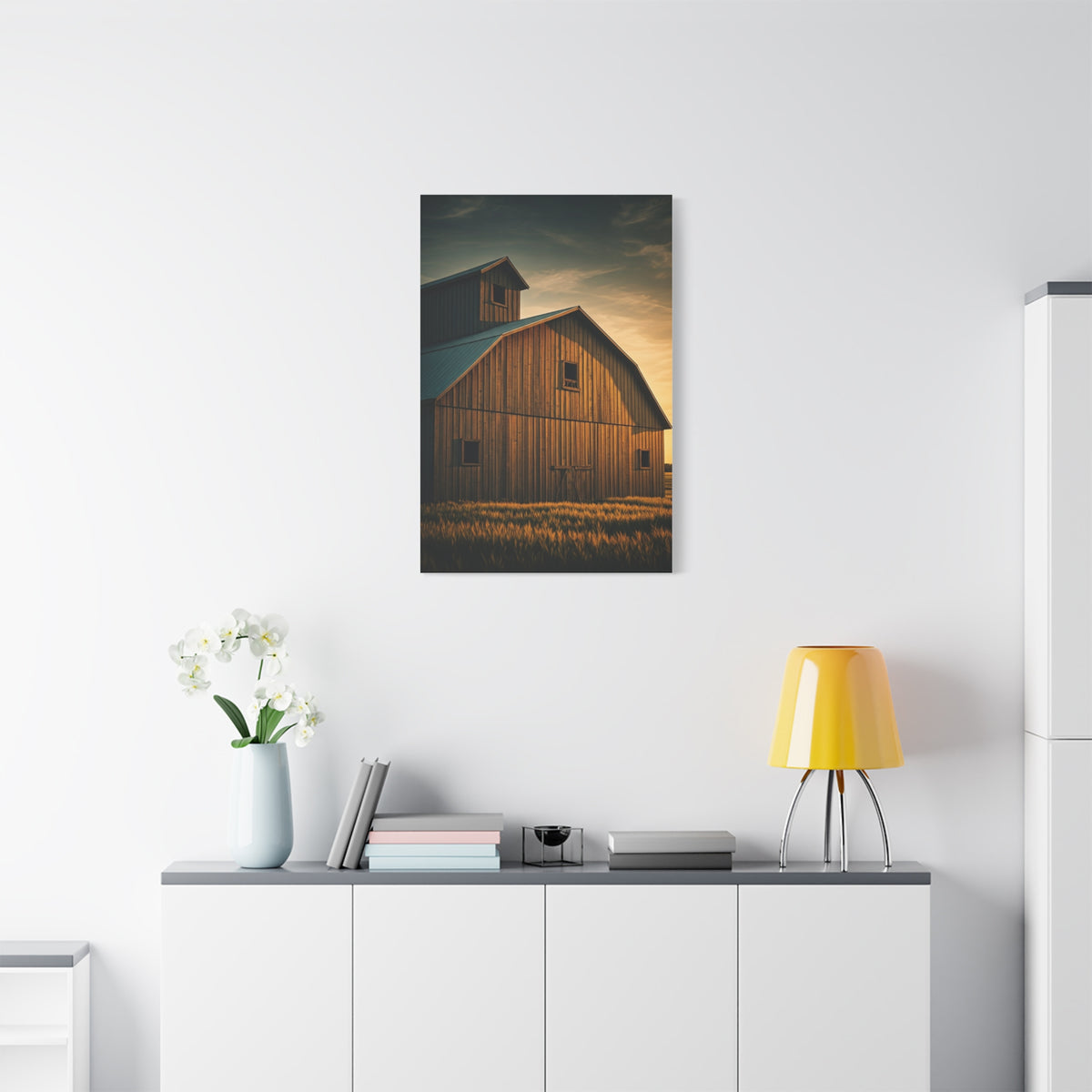 Twin Barn Structures in Evening Light Wall Art & Canvas Prints