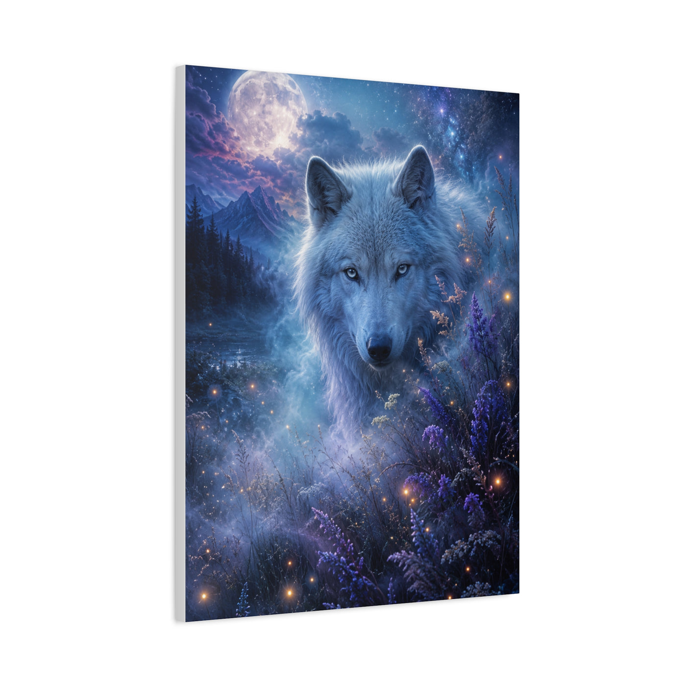 Moonlit White Wolf Portrait Wilderness Scene Wall Art & Canvas Print