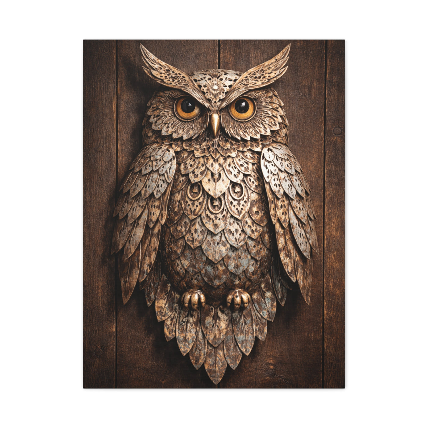 Rustic Metal Owl Sculpture Wall Art & Canvas Print