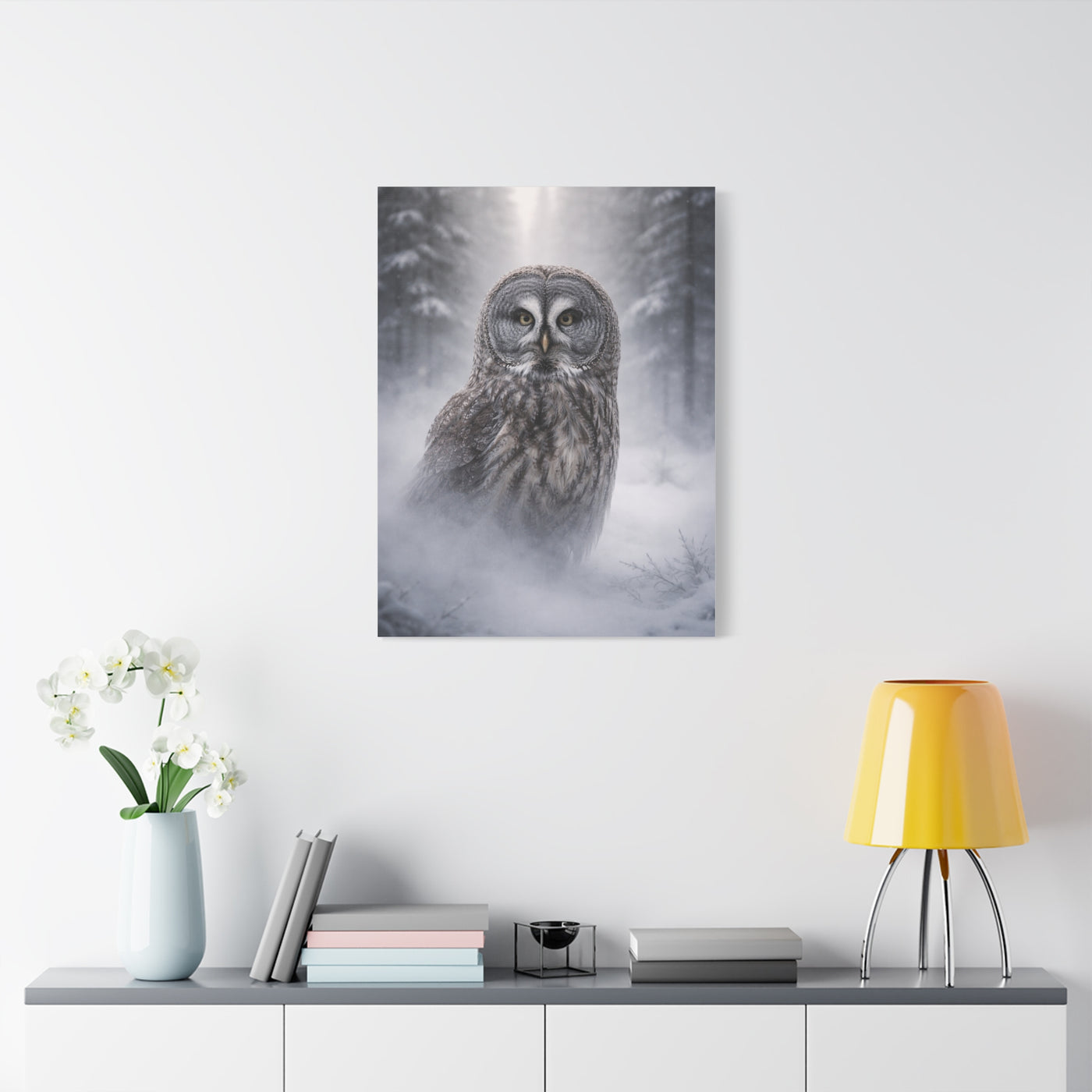 Great Grey Owl Winter Mist Portrait Wall Art & Canvas Print