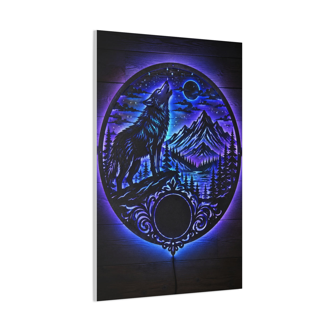 LED Mountain Wolf Night Circle Scene Wall Art & Canvas Print