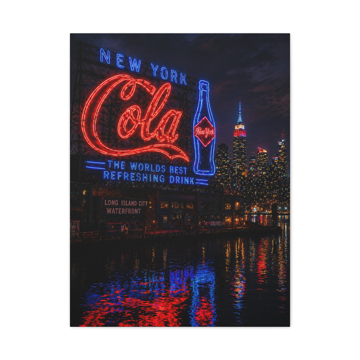 Neon Waterfront Skyline Cola Sign Wall Art & Canvas Print