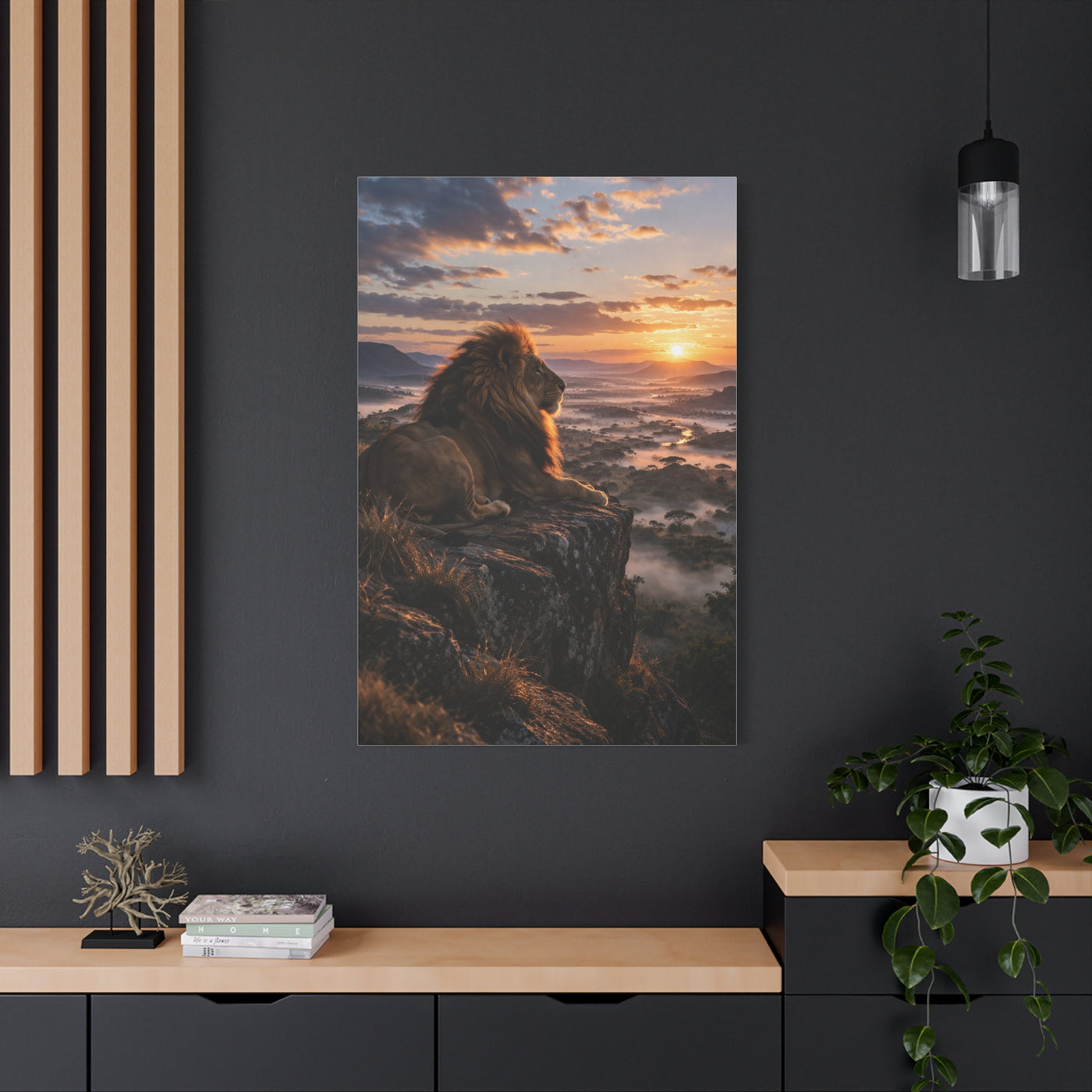 Lion at Sunrise Over Savannah Valley Wall Art & Canvas Print