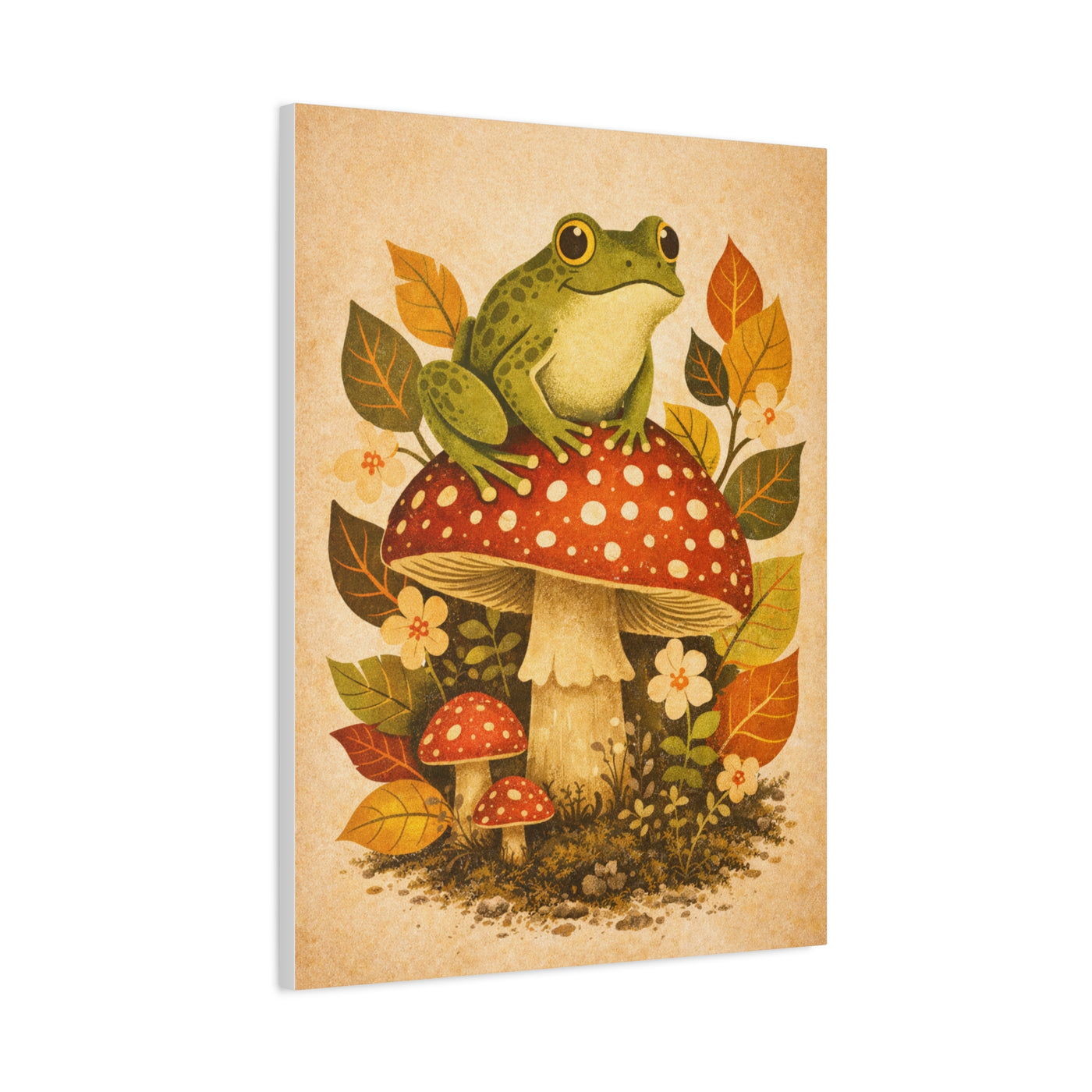 Whimsical Retro Frog and Mushroom Composition Wall Art & Canvas Print