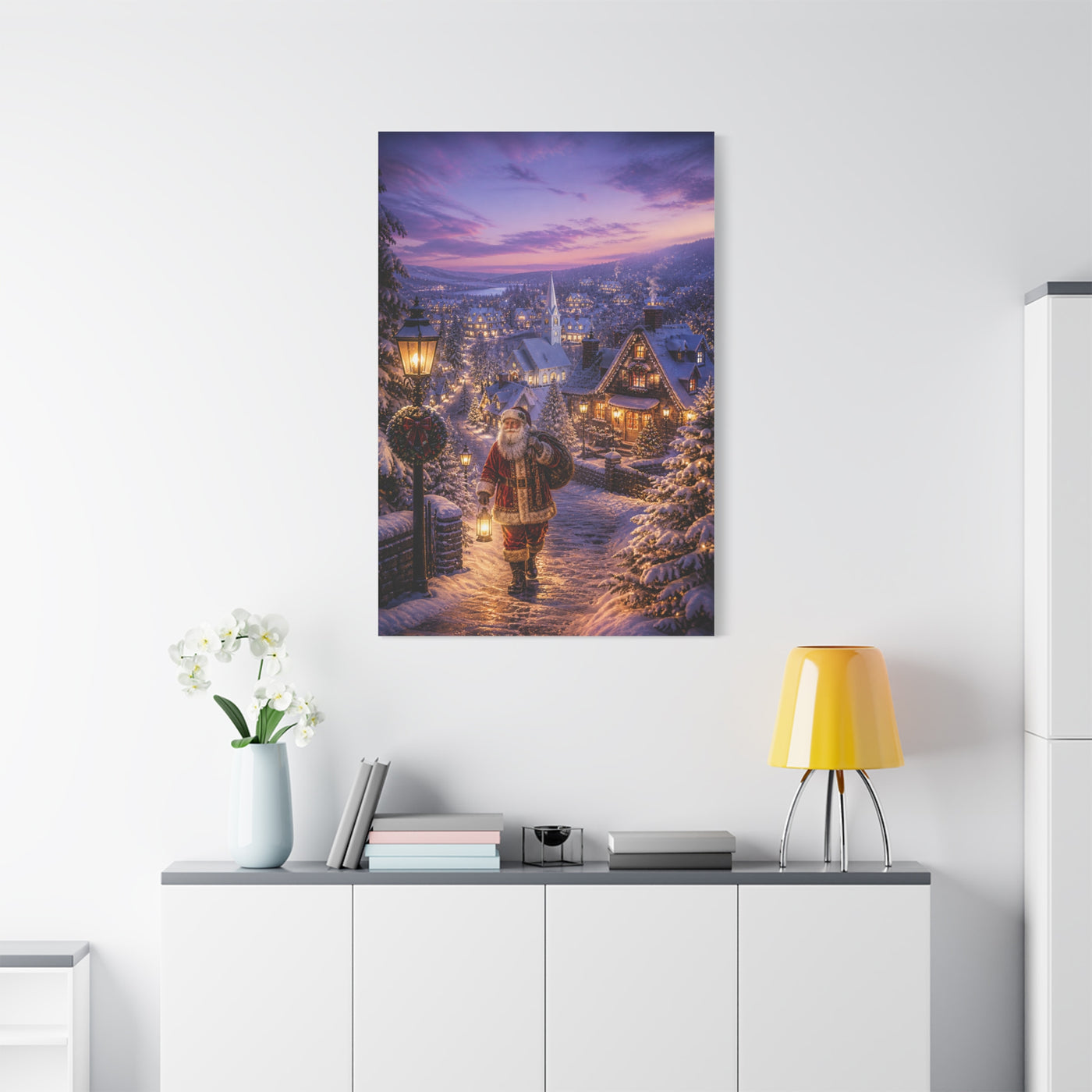 Snowy Village Santa Lantern Walk Wall Art & Canvas Print