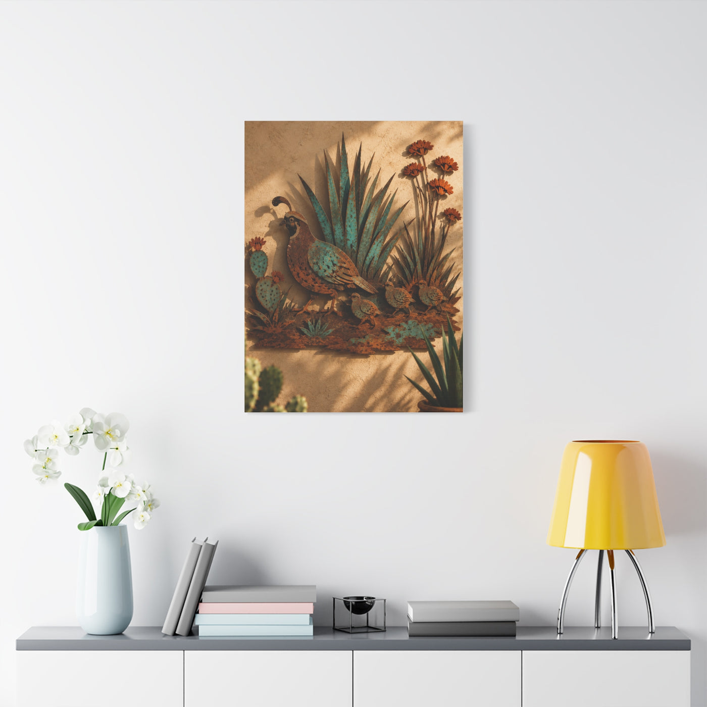 Quail Family Metal Relief Southwest Wall Art & Canvas Print