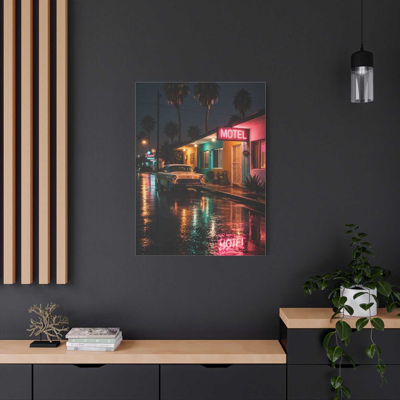 Neon Motel Night Reflection Wall Art & Canvas Print
