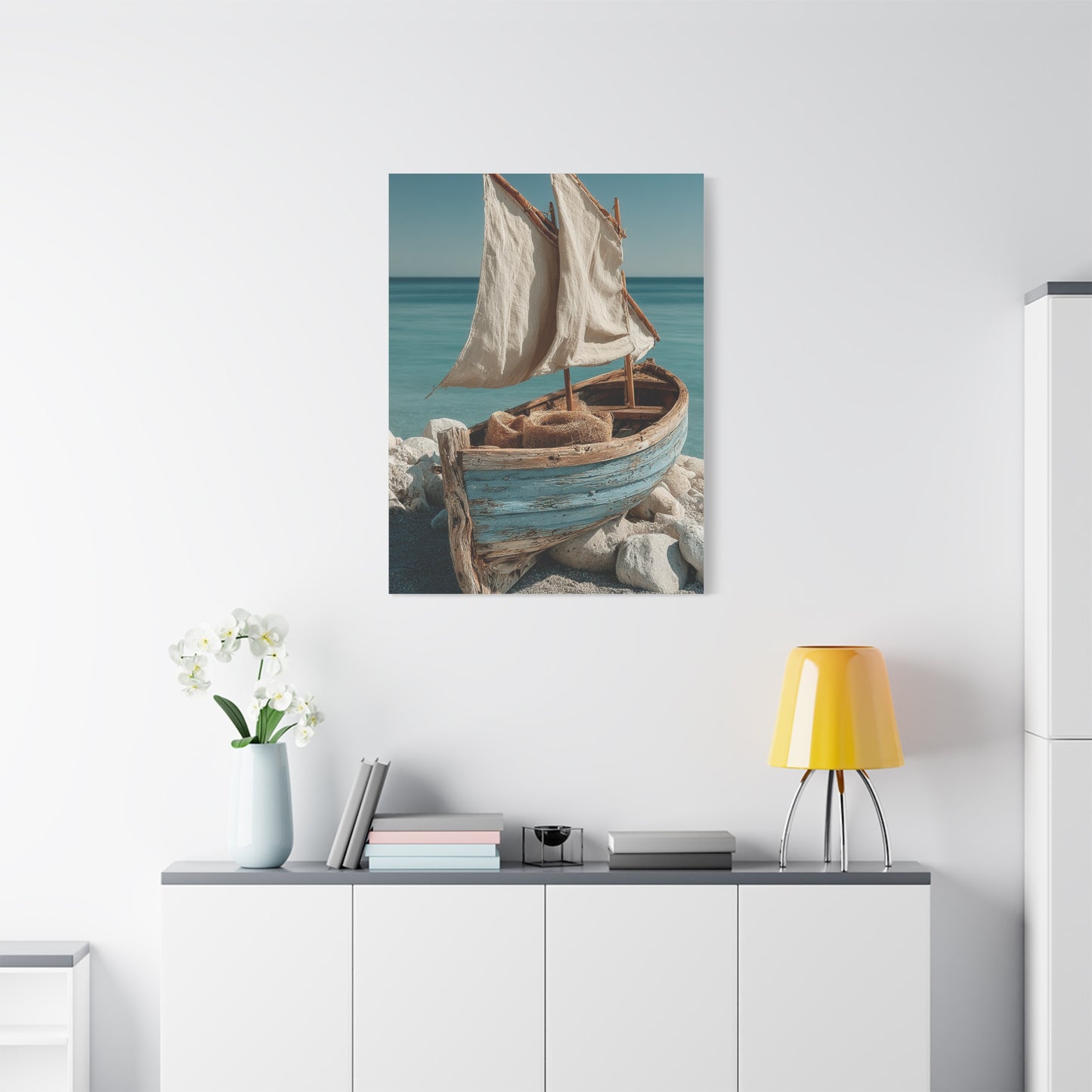 Driftwood Sailboat Coastal Sculpture Wall Art & Canvas Print