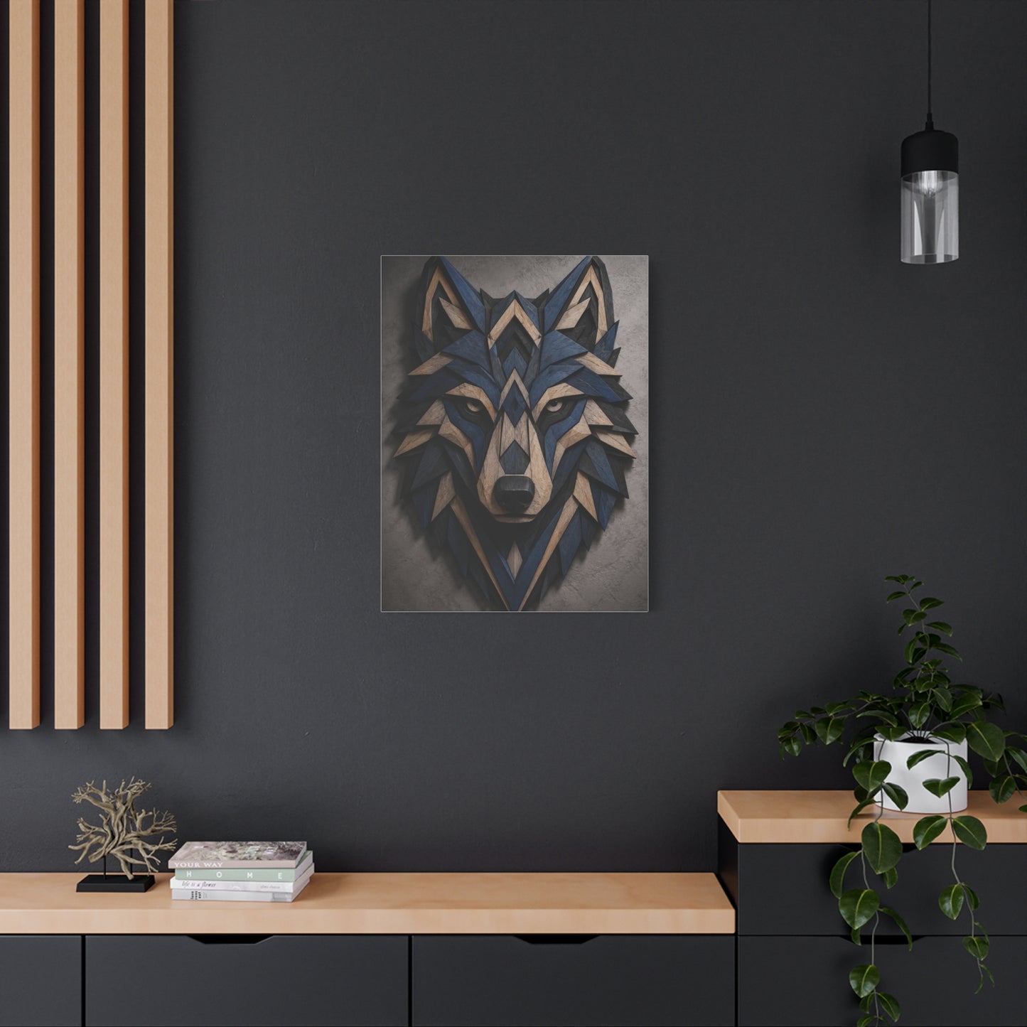 Layered Blue Geometric Wolf Head Sculpture Wall Art & Canvas Print