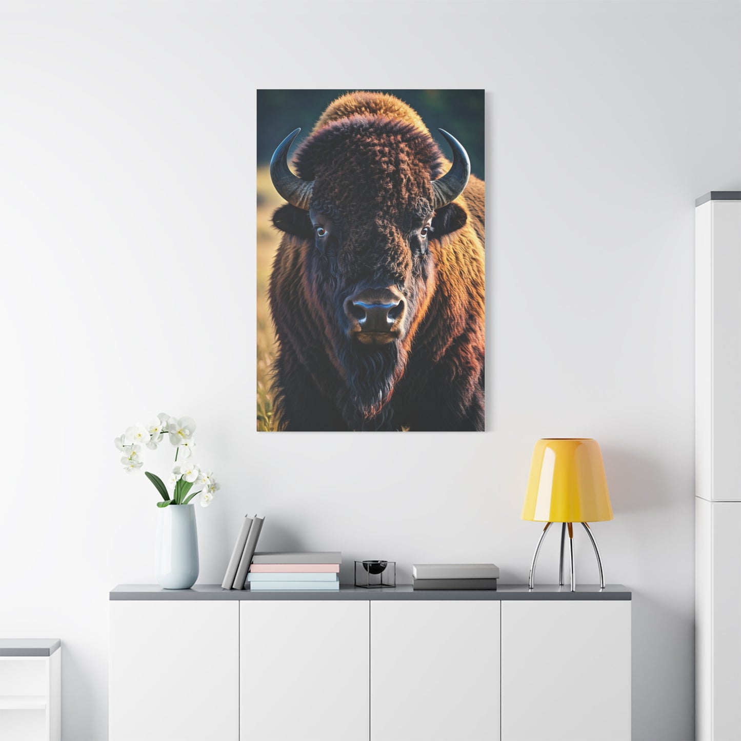 Dramatic Frontal Bison with Warm Copper Tones Wall Art & Canvas Print