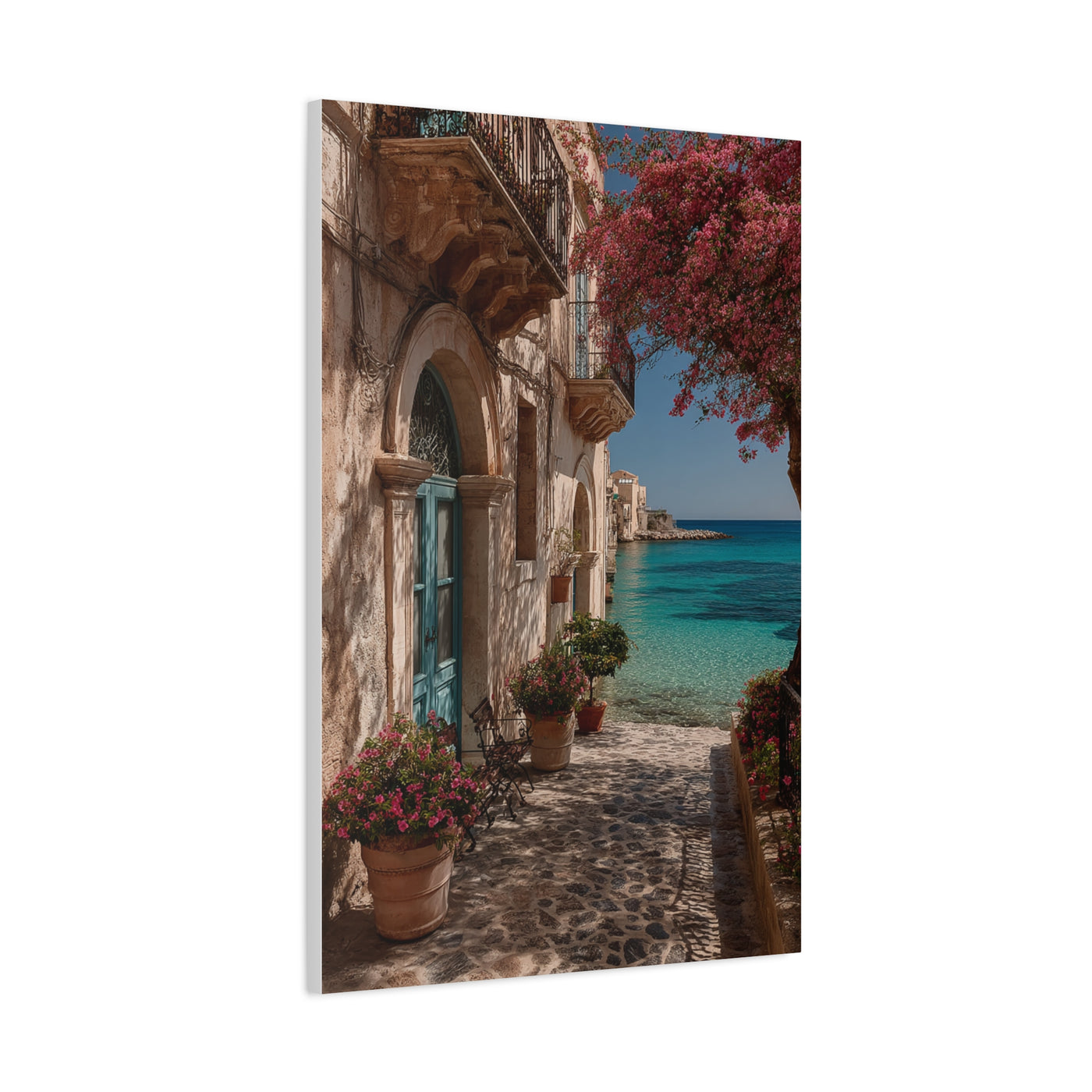 Sicilian Coastal Balcony Scene Wall Art & Canvas Print