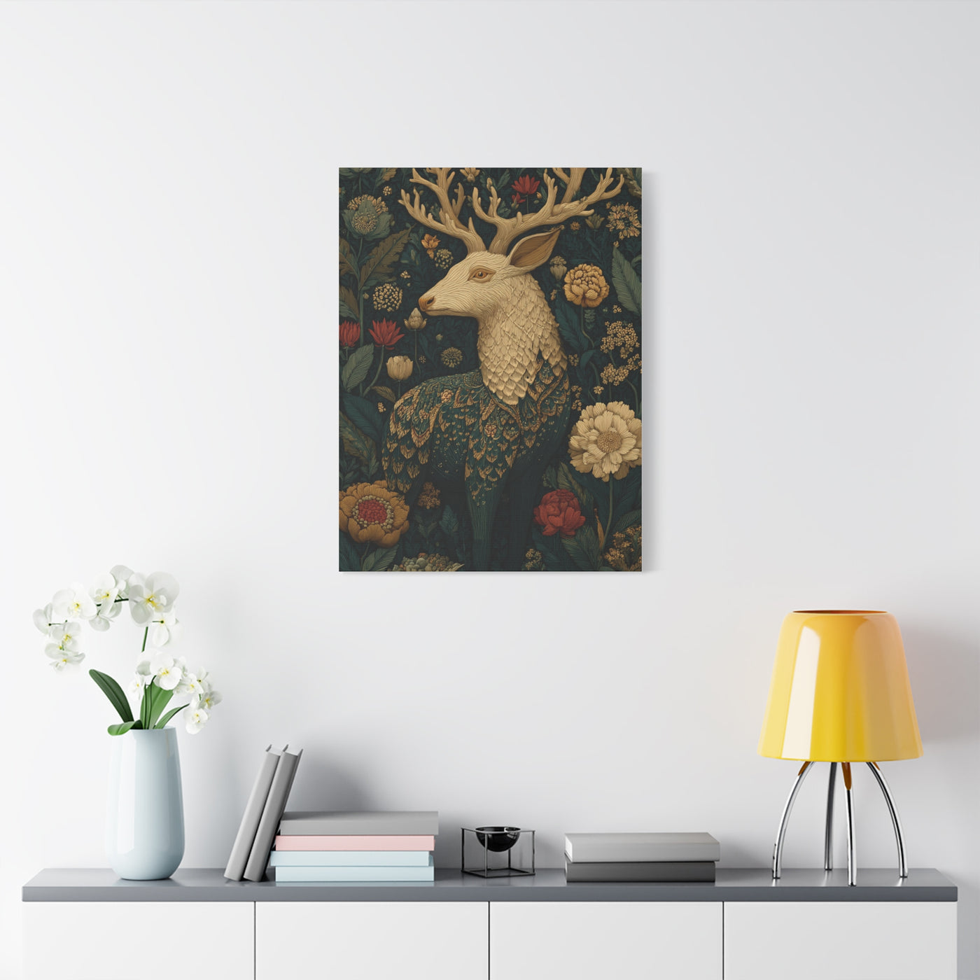 Ornamental Folk Deer Woodland Wall Art & Canvas Print