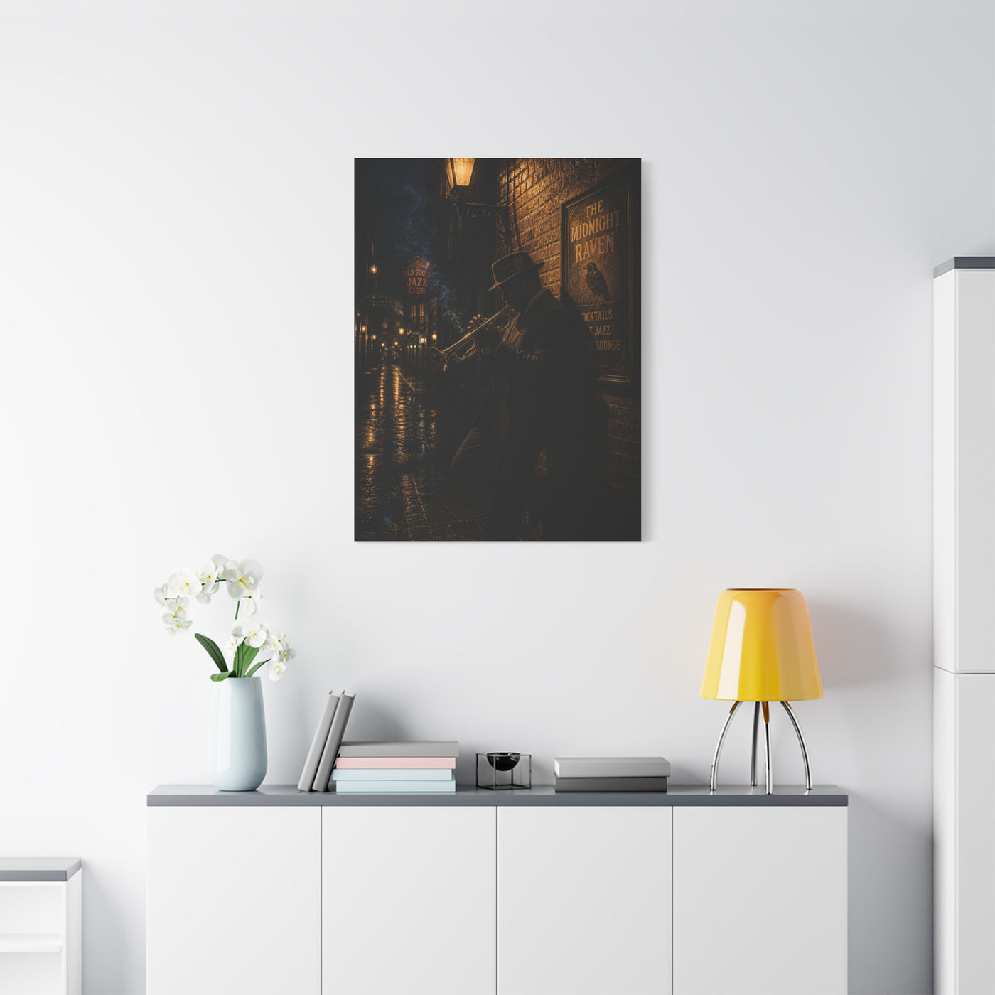Midnight Jazz Alley Trumpeter Wall Art & Canvas Print