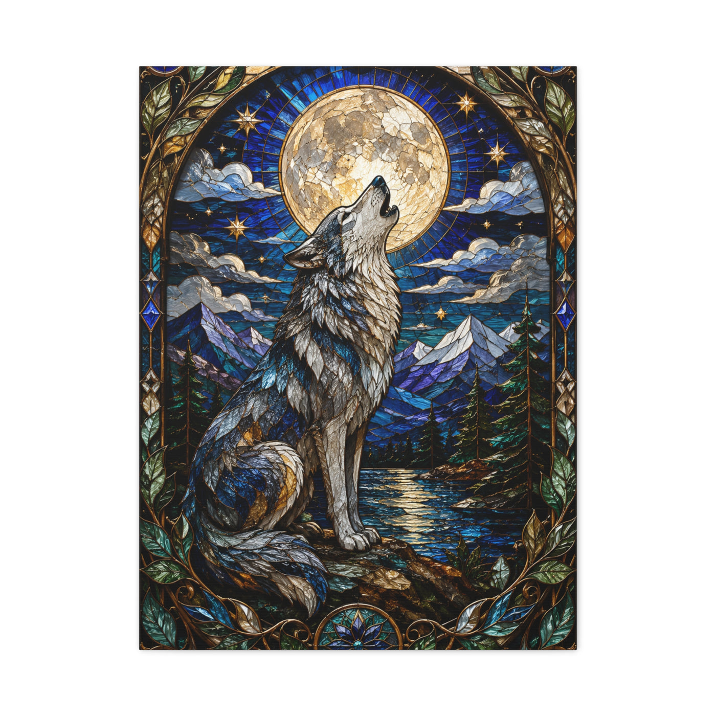 Stained Glass Moonlit Wolf Landscape Wall Art & Canvas Print