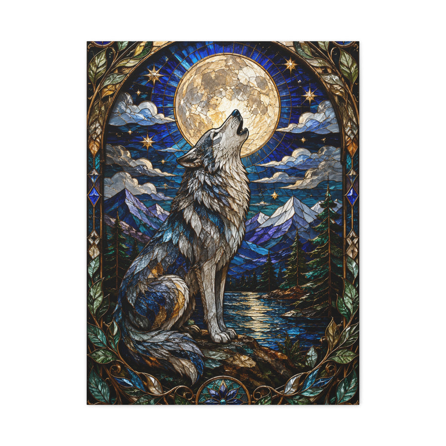 Stained Glass Moonlit Wolf Landscape Wall Art & Canvas Print