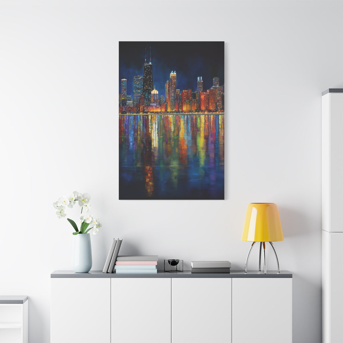 Chicago Skyline Night Reflections Wall Art & Canvas Print