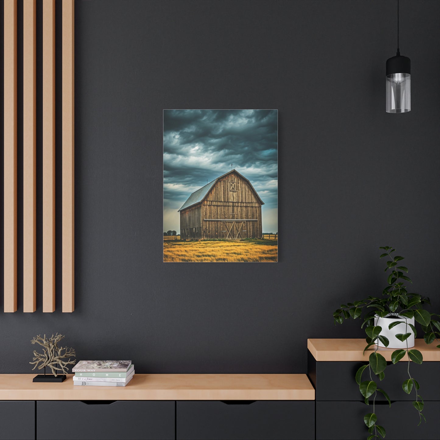 Classic Wooden Barn Beneath Rolling Clouds Wall Art & Canvas Prints