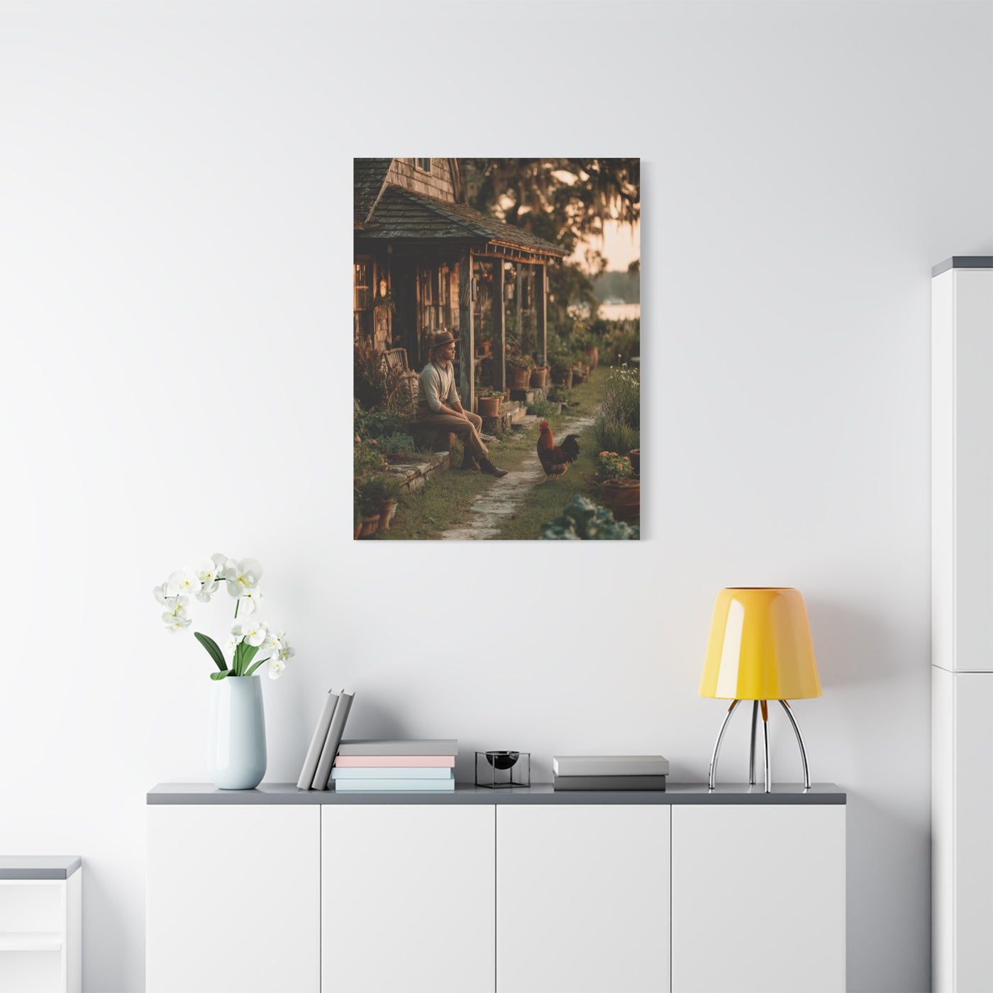 Farmhouse Porch Rooster Scene Wall Art & Canvas Print