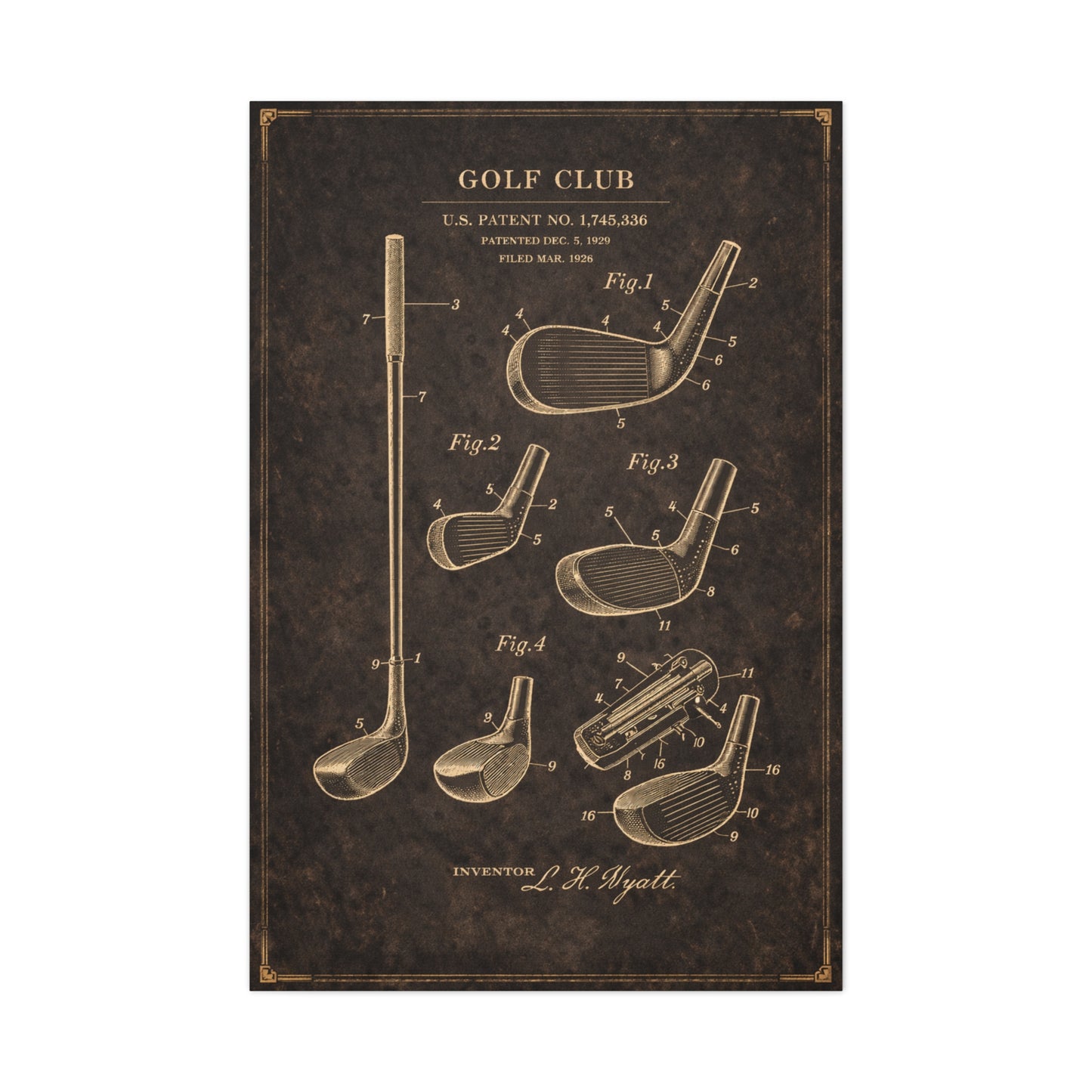 Antique Golf Club Patent Diagram Wall Art & Canvas Print