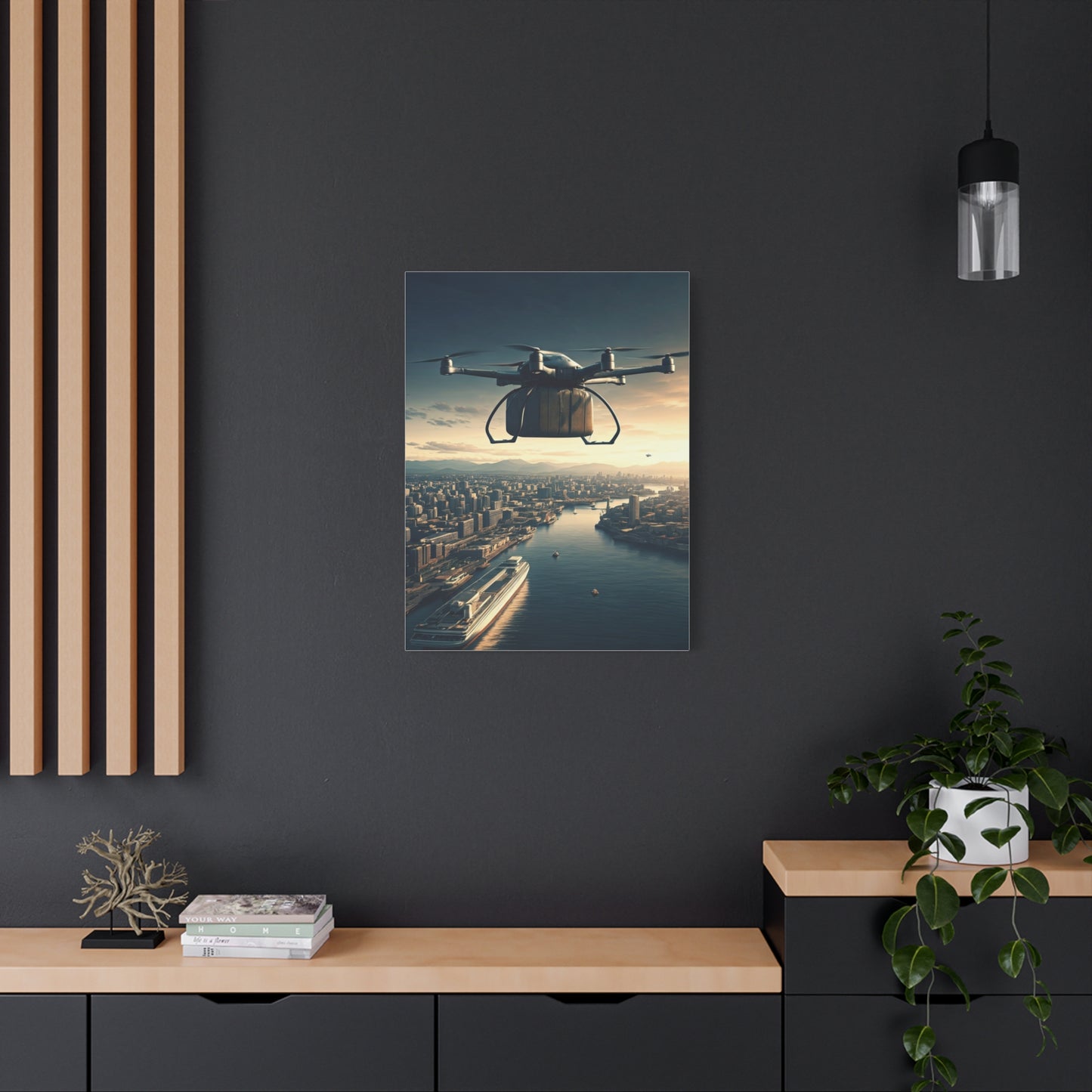 Futuristic Delivery Drone Over City Wall Art & Canvas Prints