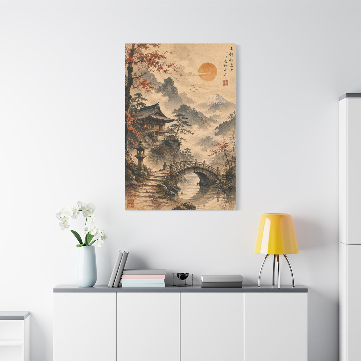 Kyoto Temple Bridge Mist Landscape Wall Art & Canvas Print