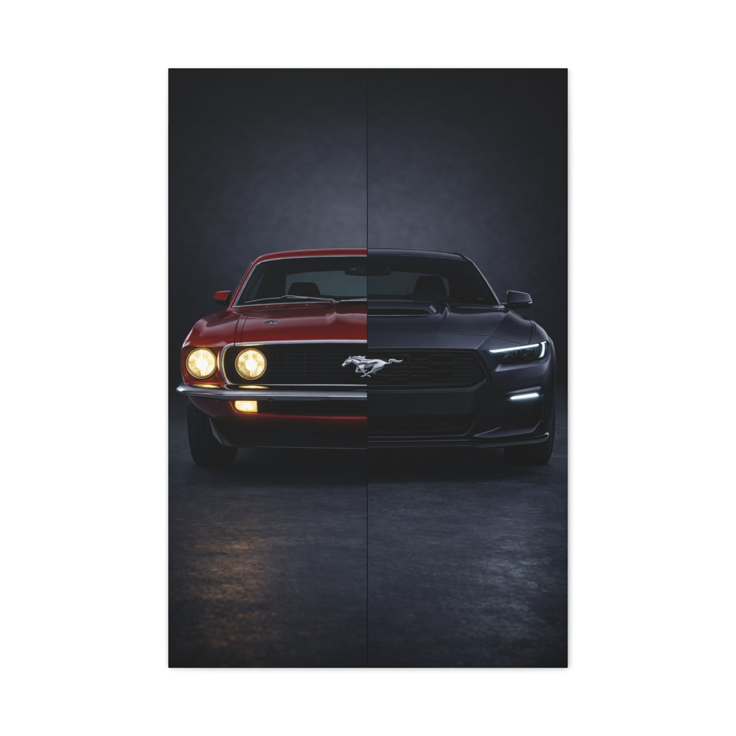 Ford Mustang Evolution Split 1969 vs Dark Horse Wall Art & Canvas Prints