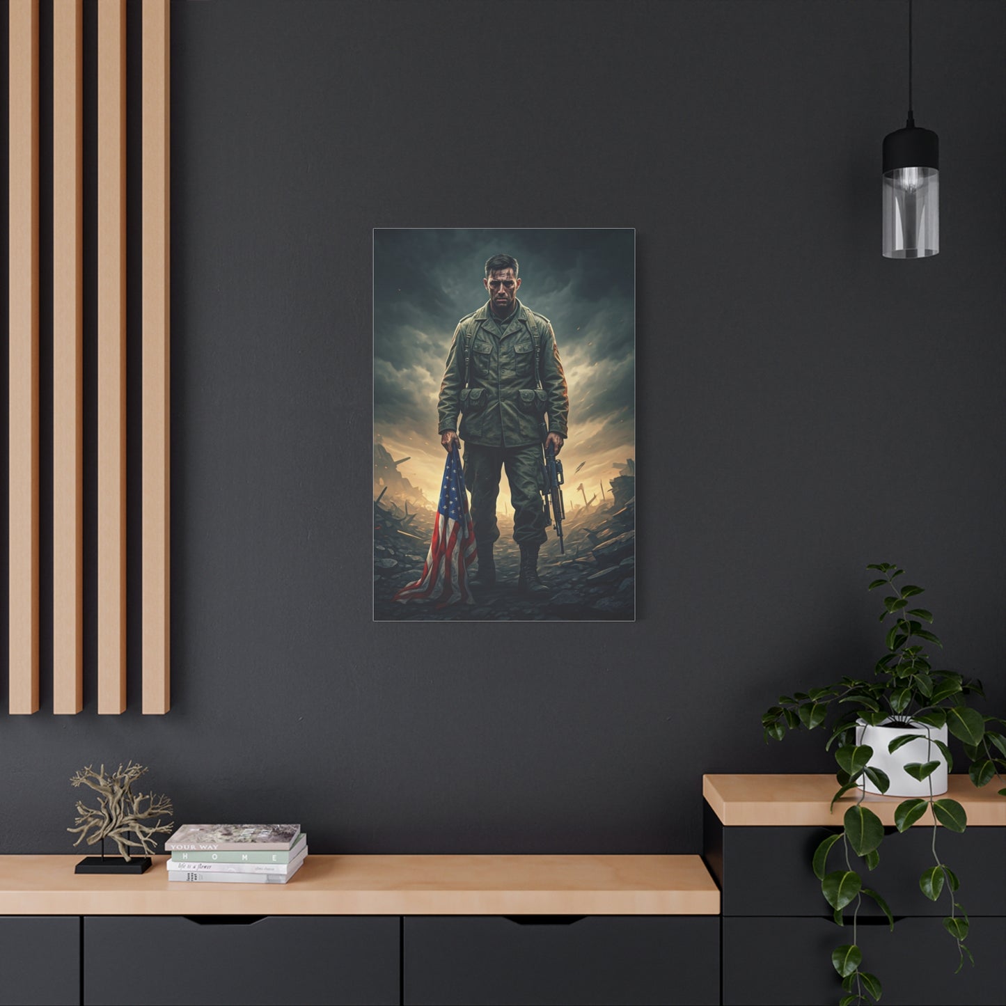 Soldier Standing With Flag of Courage Wall Art & Canvas Prints