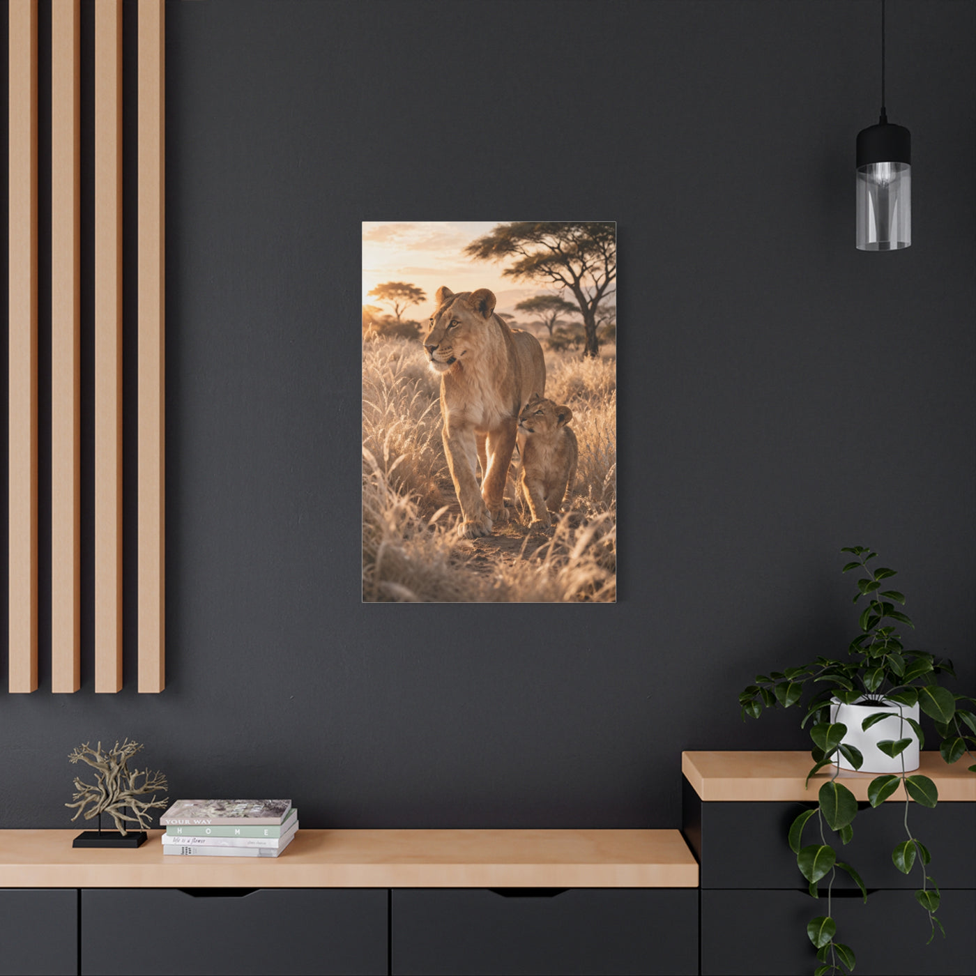 Lioness and Cub Golden Walk Wall Art & Canvas Print